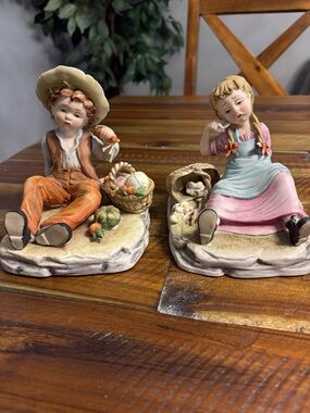Hand-Painted Boy and Girl Farm Figurine Set - Pink & Orange